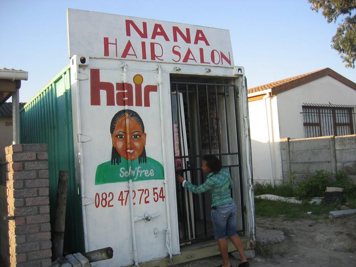 hair salon operating out of an old shipping container